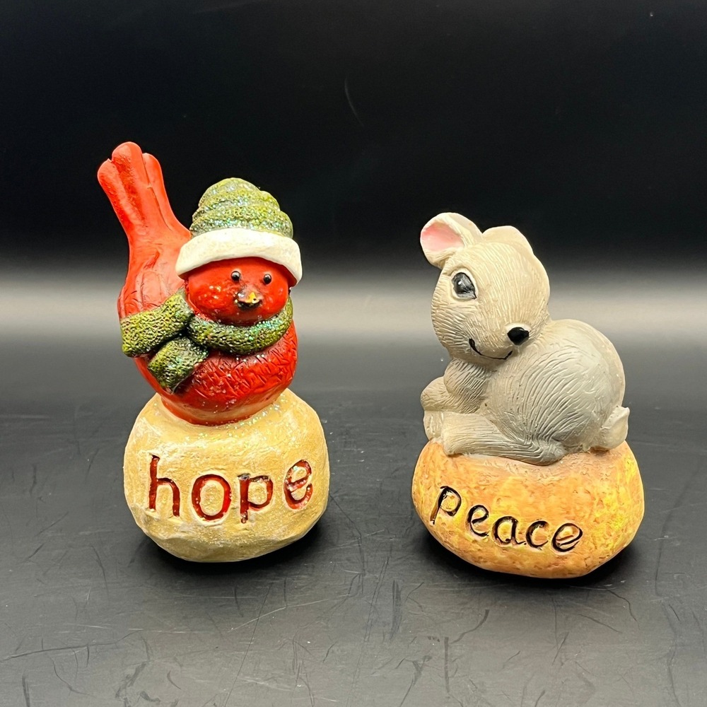 Resin Cardinal & Rabbit Figurines Hope Peace Holiday Winter Woodland Decor 3.5"